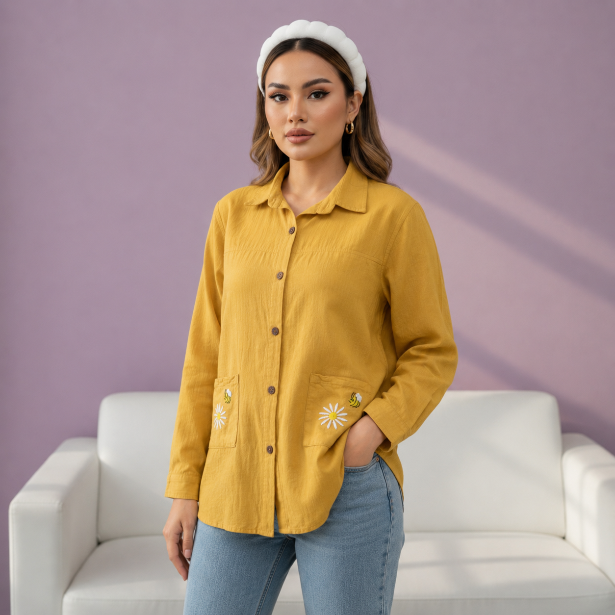 شومیز زنانه بابونه الیاف باکیفیت گلدوزی شده رنگ خردلی